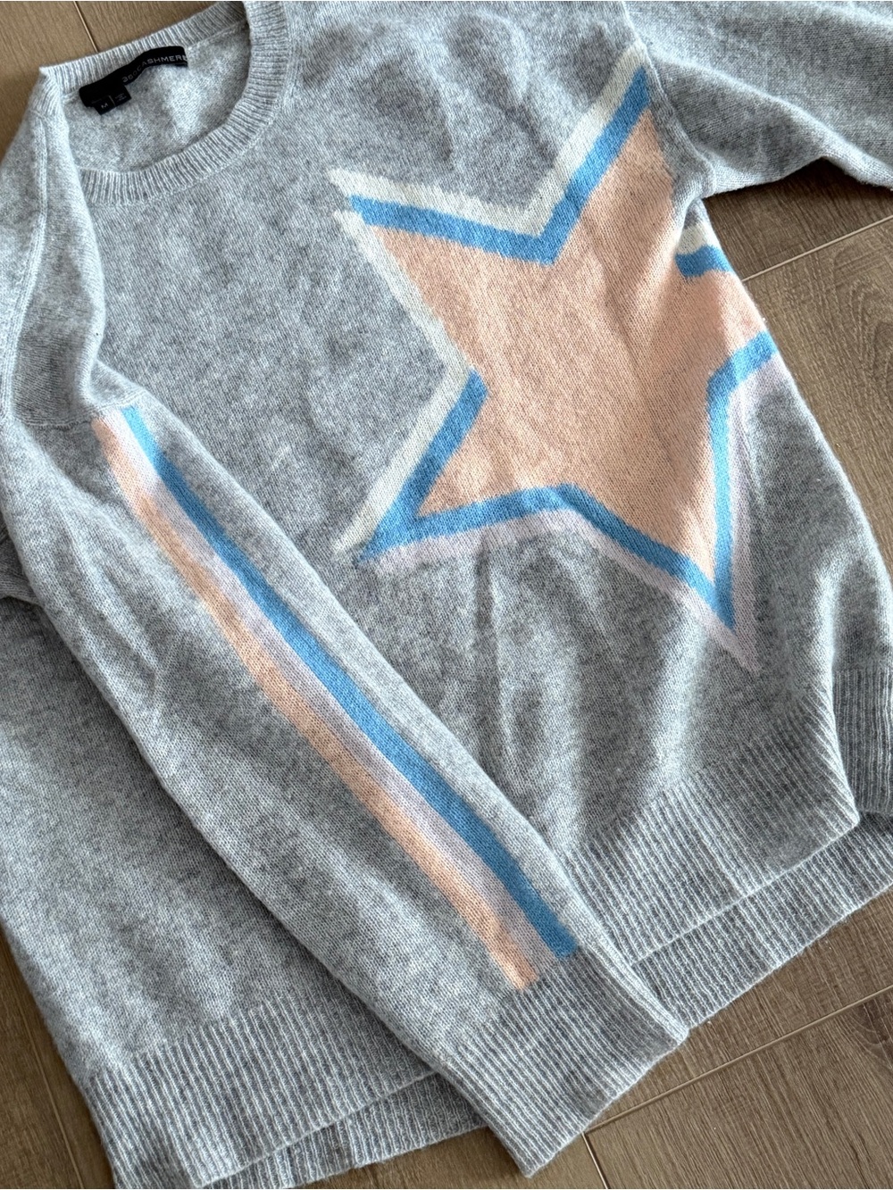 360 Cashmere Peach Star & Stripe Soft Grey Jumper Sweater Women M Luxury Soft - Picture 8 of 12